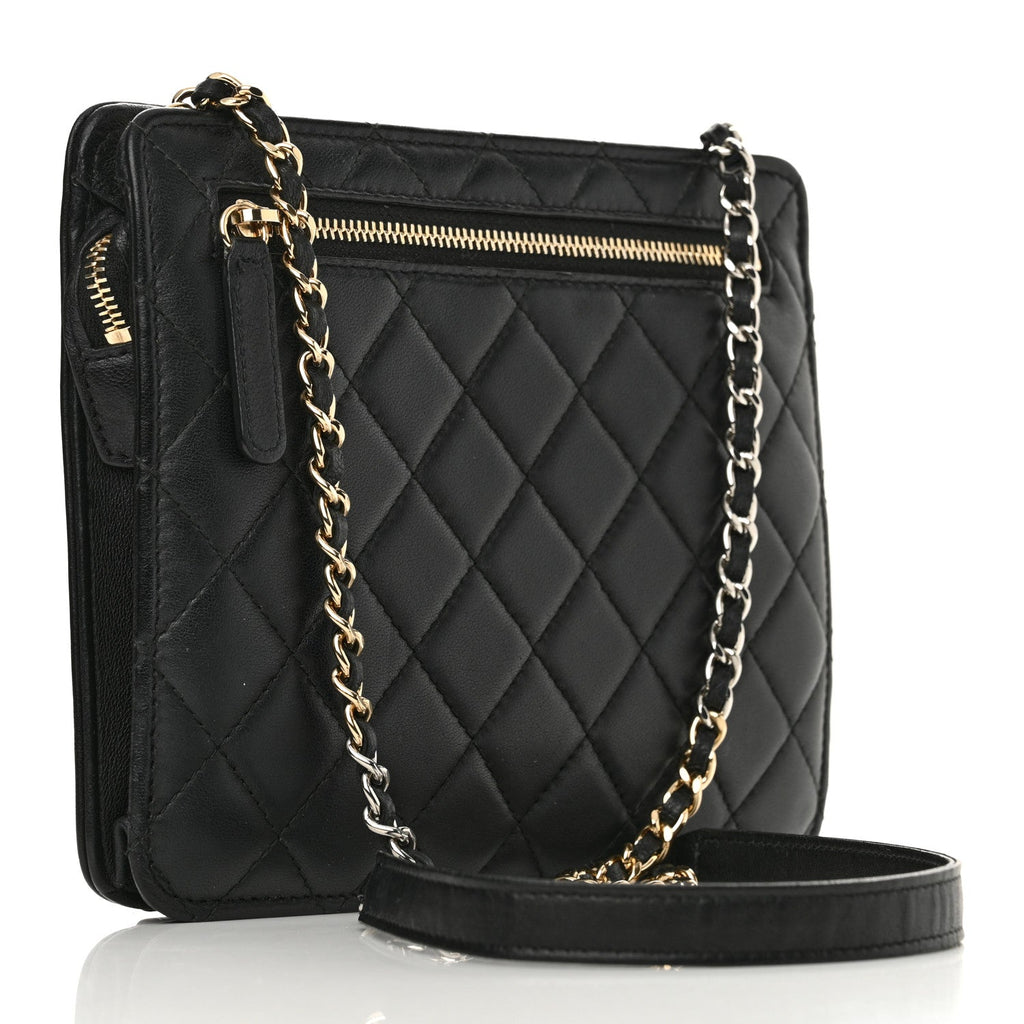 Chanel Lambskin Quilted Square Front Pocket Clutch With Chain Black