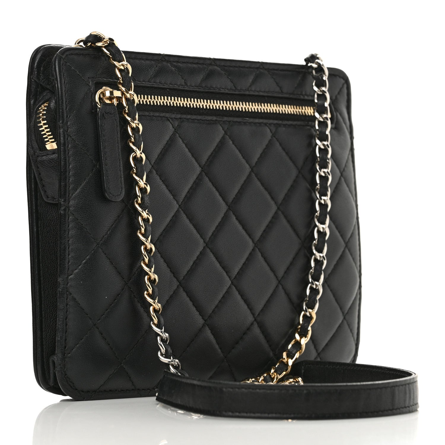 Chanel Lambskin Quilted Square Front Pocket Clutch With Chain Black