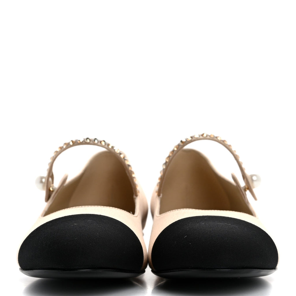 Chanel Strass Satin Grosgrain Mary Jane Flats 38.5 Beige Black