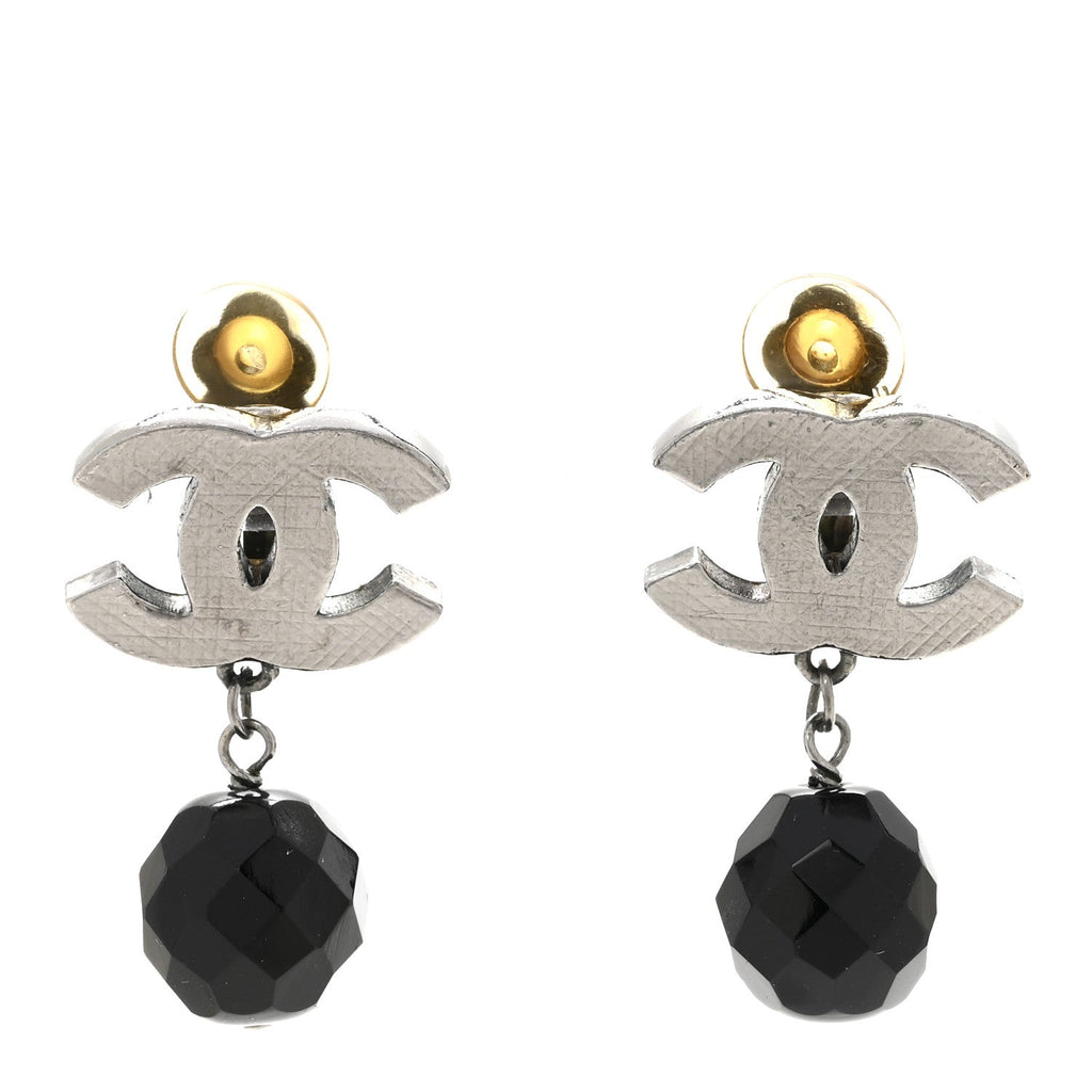 Ruthenium CC Bead Drop Clip On Earrings Black