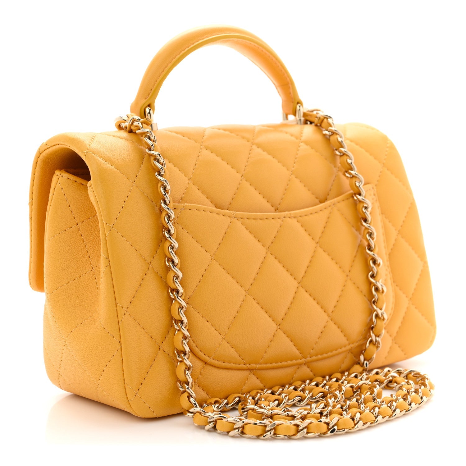 Chanel Lambskin Quilted Mini Top Handle Rectangular Flap Yellow