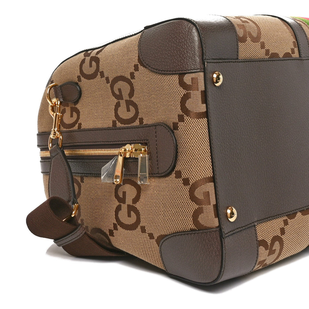 Gucci Monogram Jumbo GG Textured Dollar Calfskin Web Large Duffle Bag Camel Ebony
