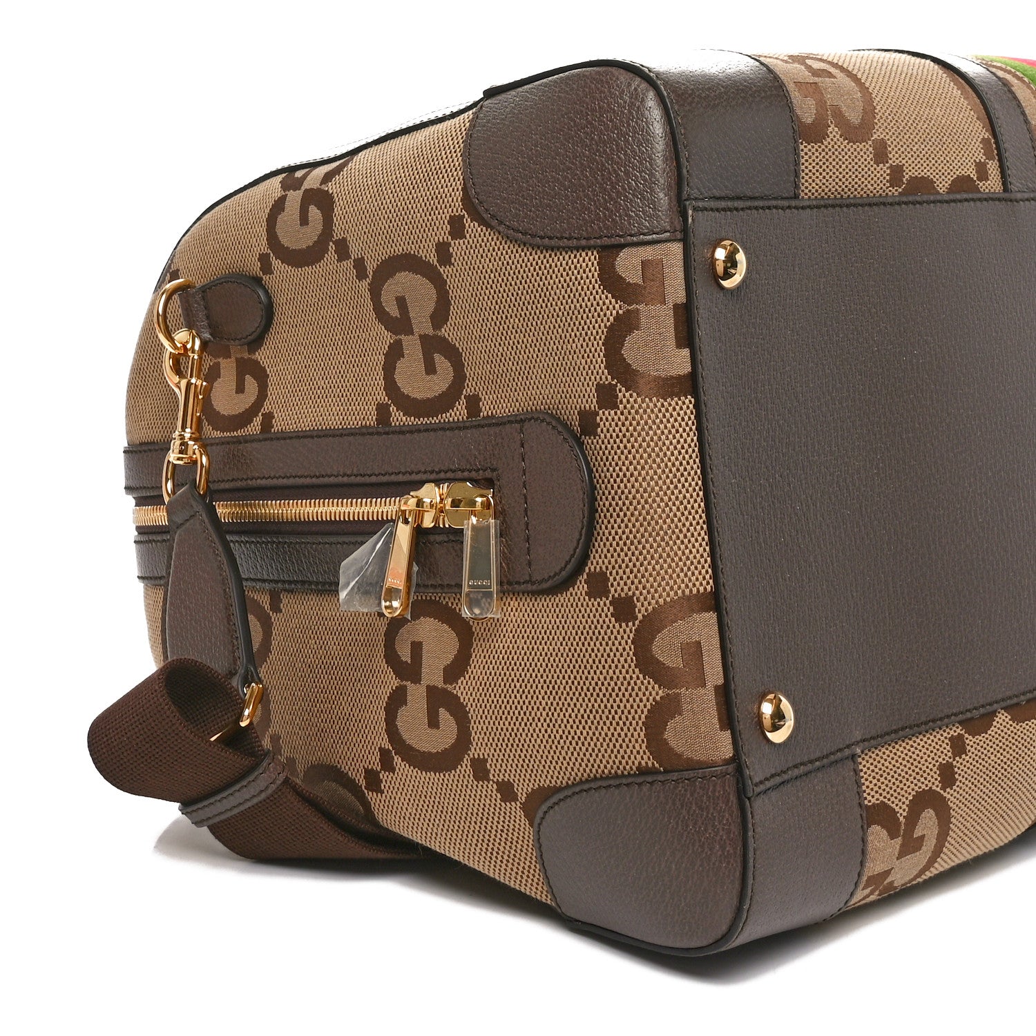 Gucci Monogram Jumbo GG Textured Dollar Calfskin Web Large Duffle Bag Camel Ebony