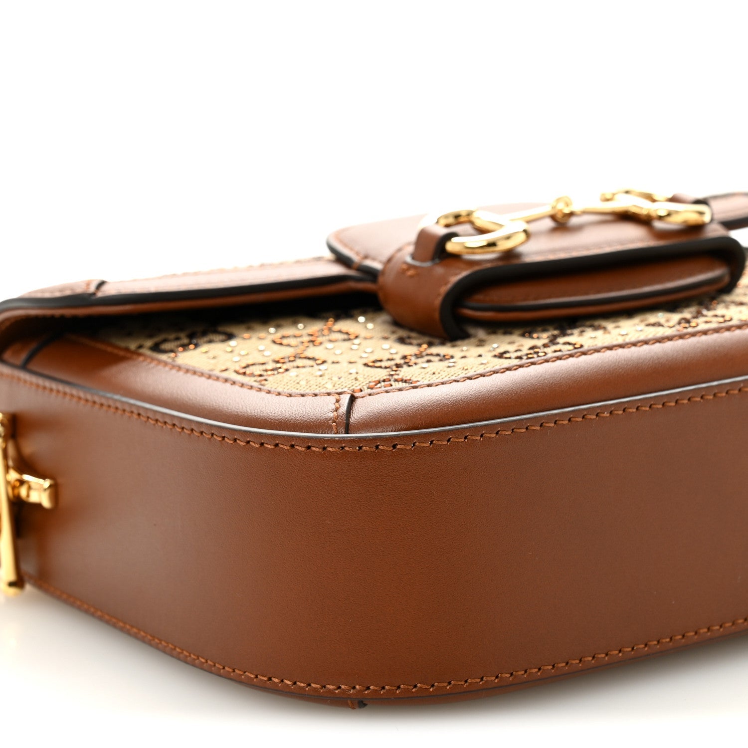 Gucci New Canvas Charisma Calfskin Crystal GG Monogram Mini Horsebit 1955 Shoulder Bag Camel Ebony