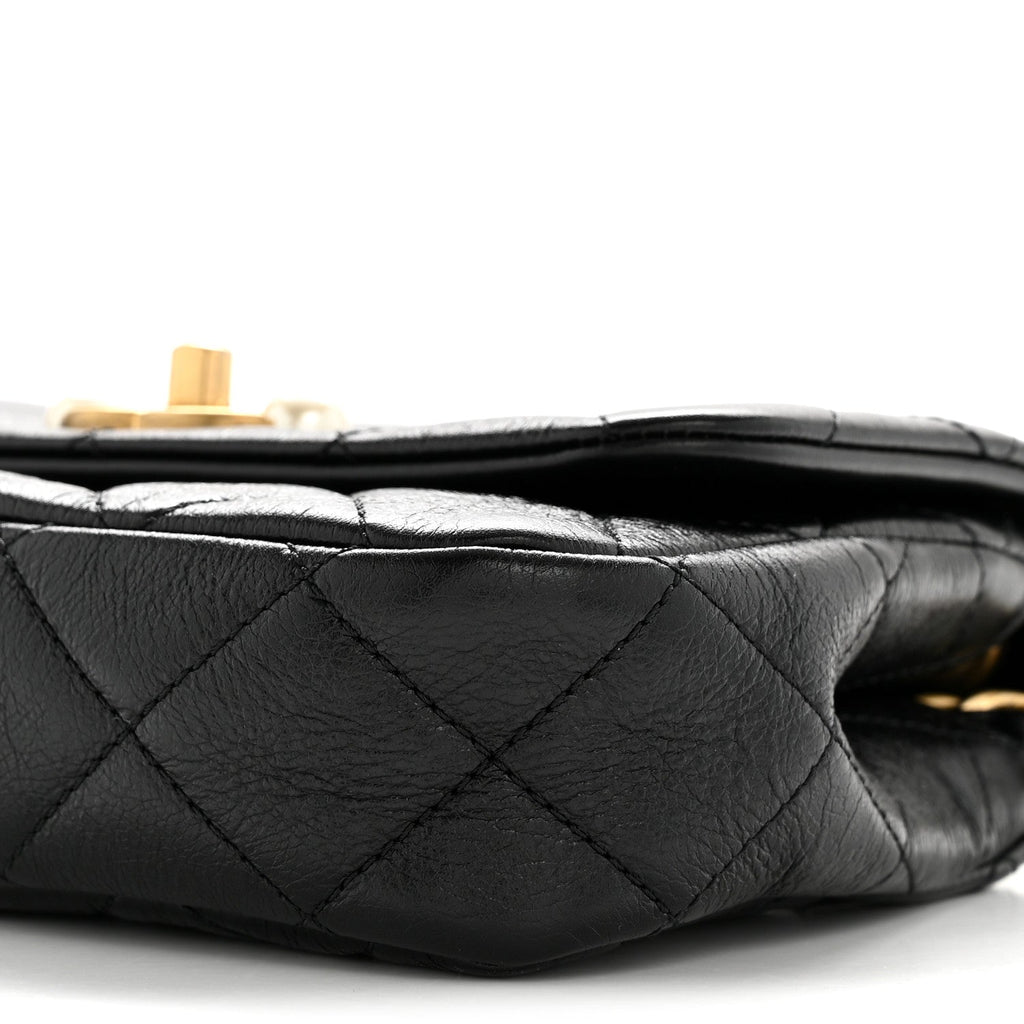 Chanel Glazed Calfskin Quilted Mini Pearl Side Flap Black