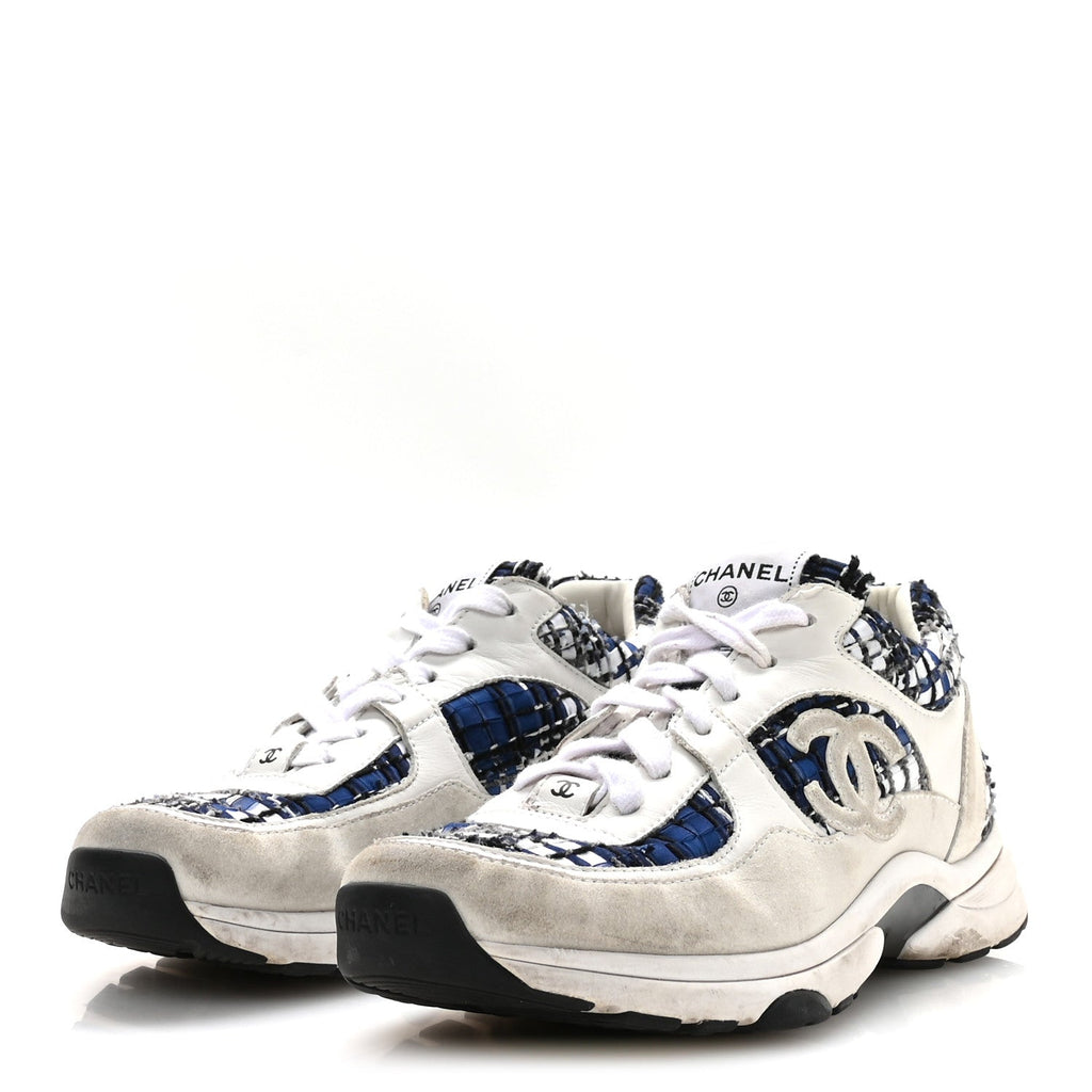 Chanel Tweed Suede Calfskin Womens CC Sneakers 39.5 Dark Blue Black Grey White
