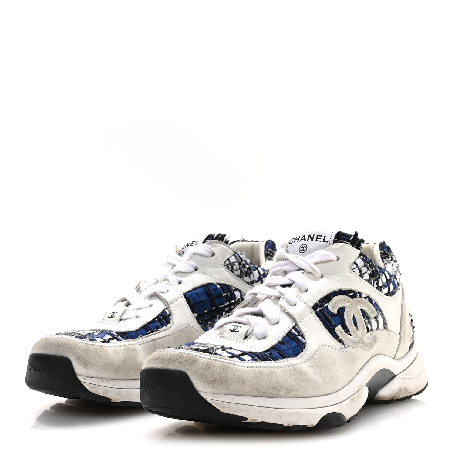 Chanel Tweed Suede Calfskin Womens CC Sneakers 39.5 Dark Blue Black Grey White