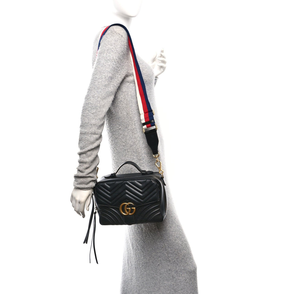 Gucci Calfskin Matelasse Sylvie Web Small GG Marmont Top Handle Shoulder Bag Black