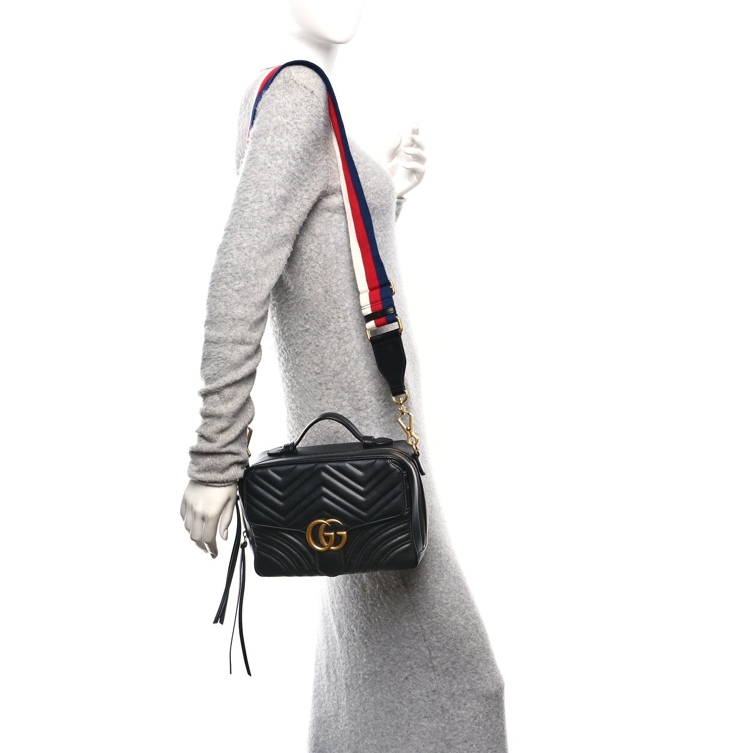Gucci Calfskin Matelasse Sylvie Web Small GG Marmont Top Handle Shoulder Bag Black