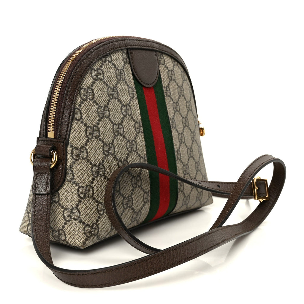 Gucci GG Supreme Monogram Textured Dollar Calfskin Web Small Ophidia Dome Shoulder Bag Beige Ebony New Acero