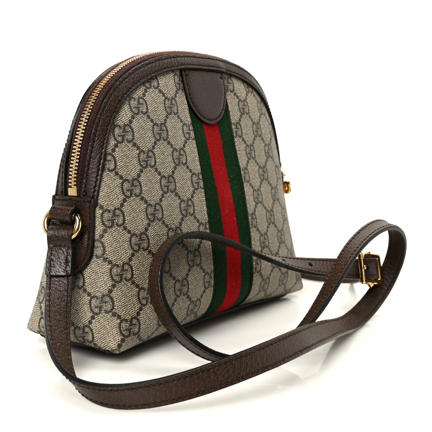 Gucci GG Supreme Monogram Textured Dollar Calfskin Web Small Ophidia Dome Shoulder Bag Beige Ebony New Acero