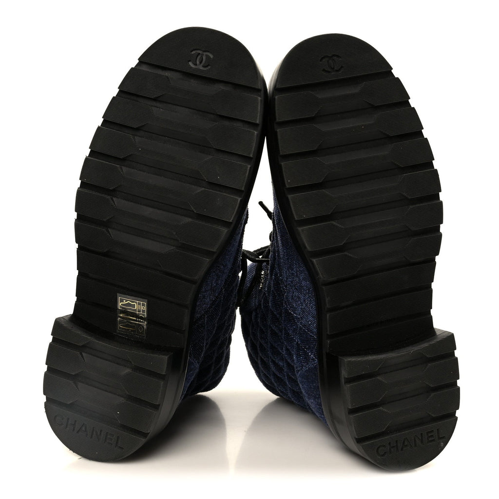 Chanel Shiny Calfskin Velvet Quilted Lace Up Combat Boots 37 Blue