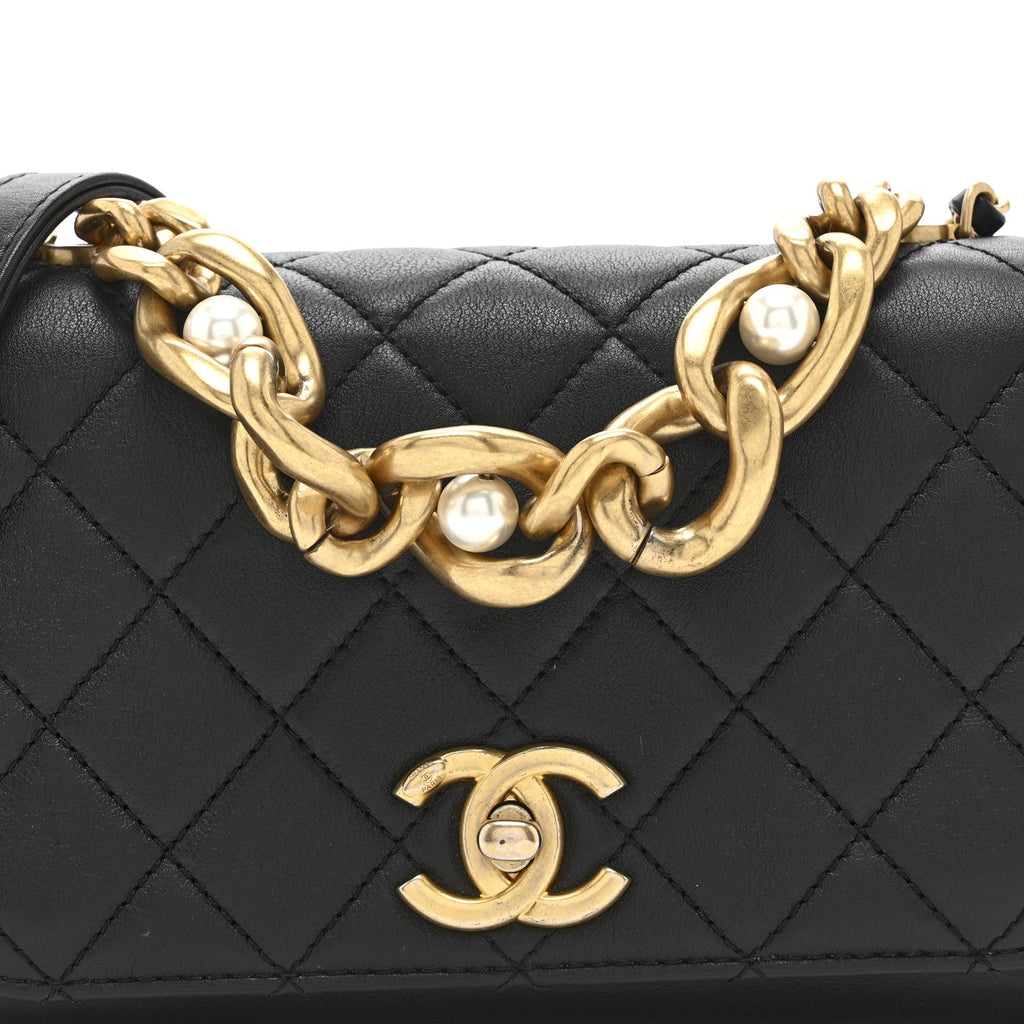 Chanel Calfskin Quilted Pearl Jewel Chain Flap Black