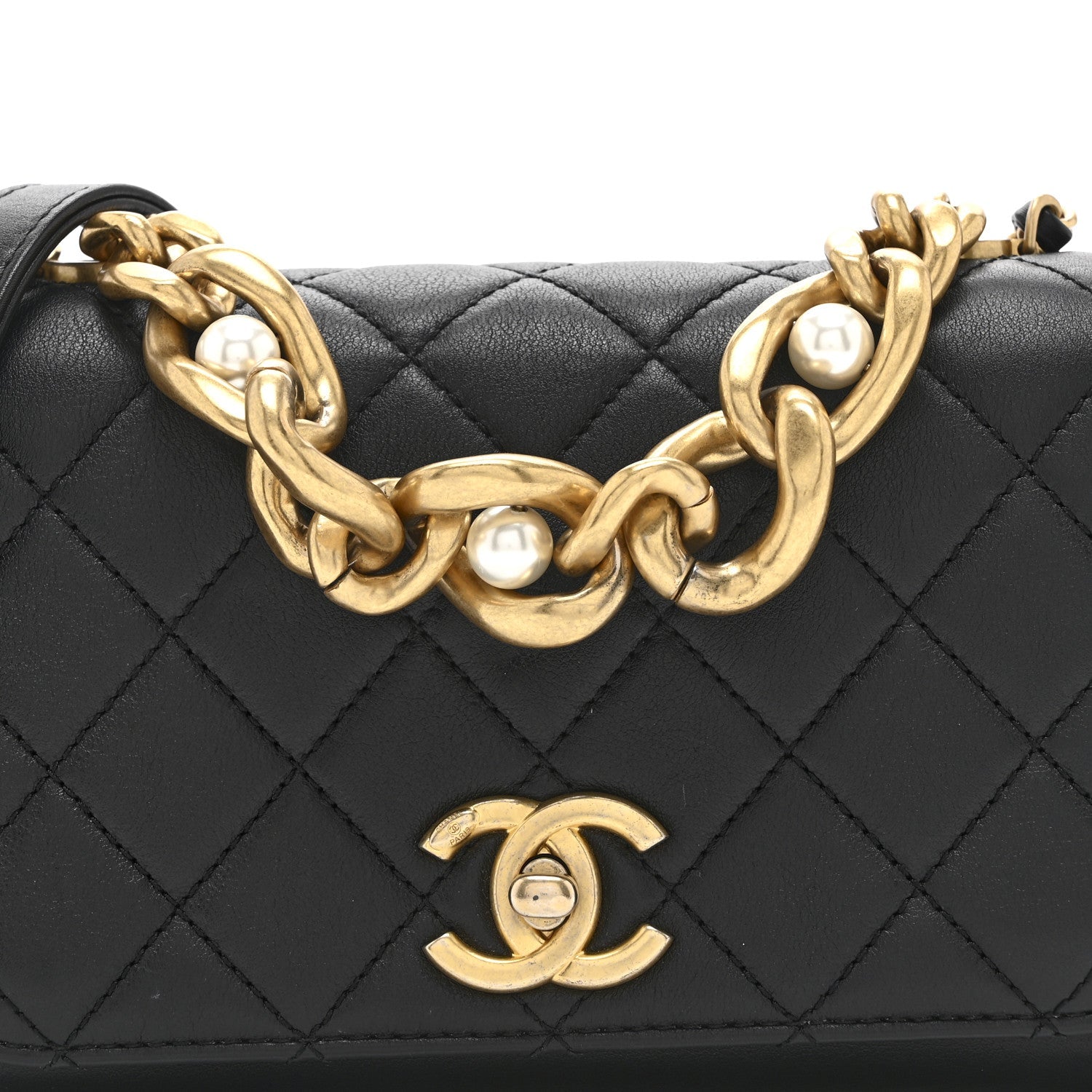 Chanel Calfskin Quilted Pearl Jewel Chain Flap Black