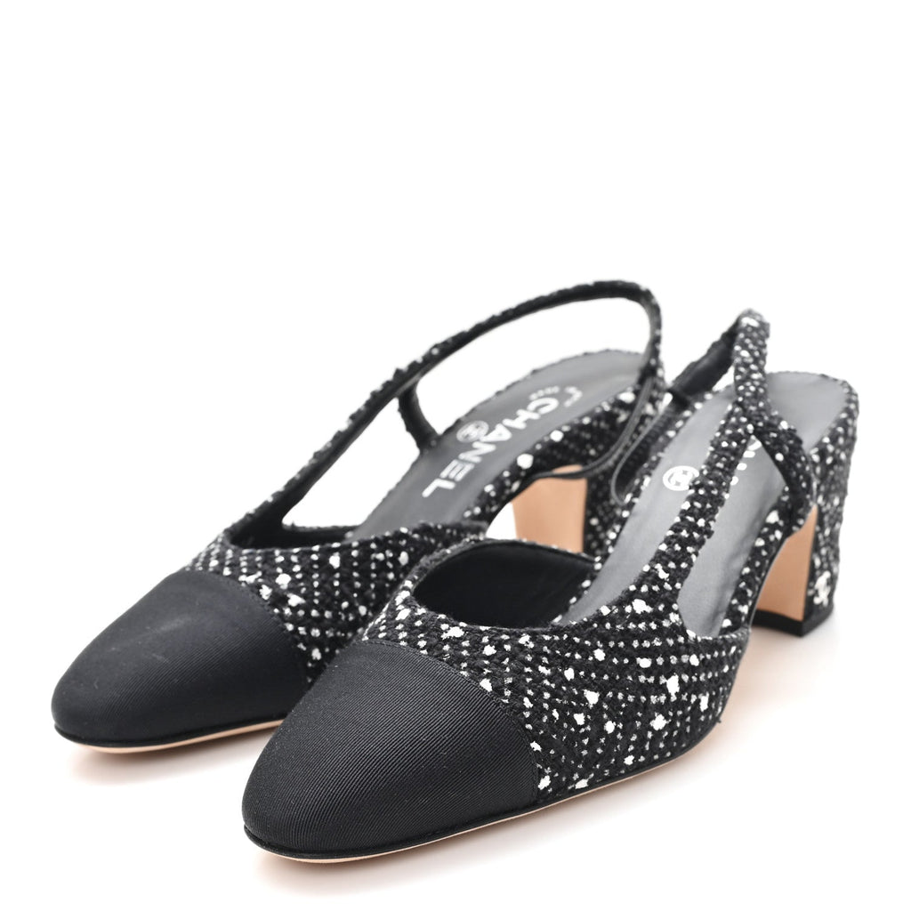 Chanel Tweed Polkadot Grosgrain Cap Toe CC Slingback Pumps 36 Black White Silver