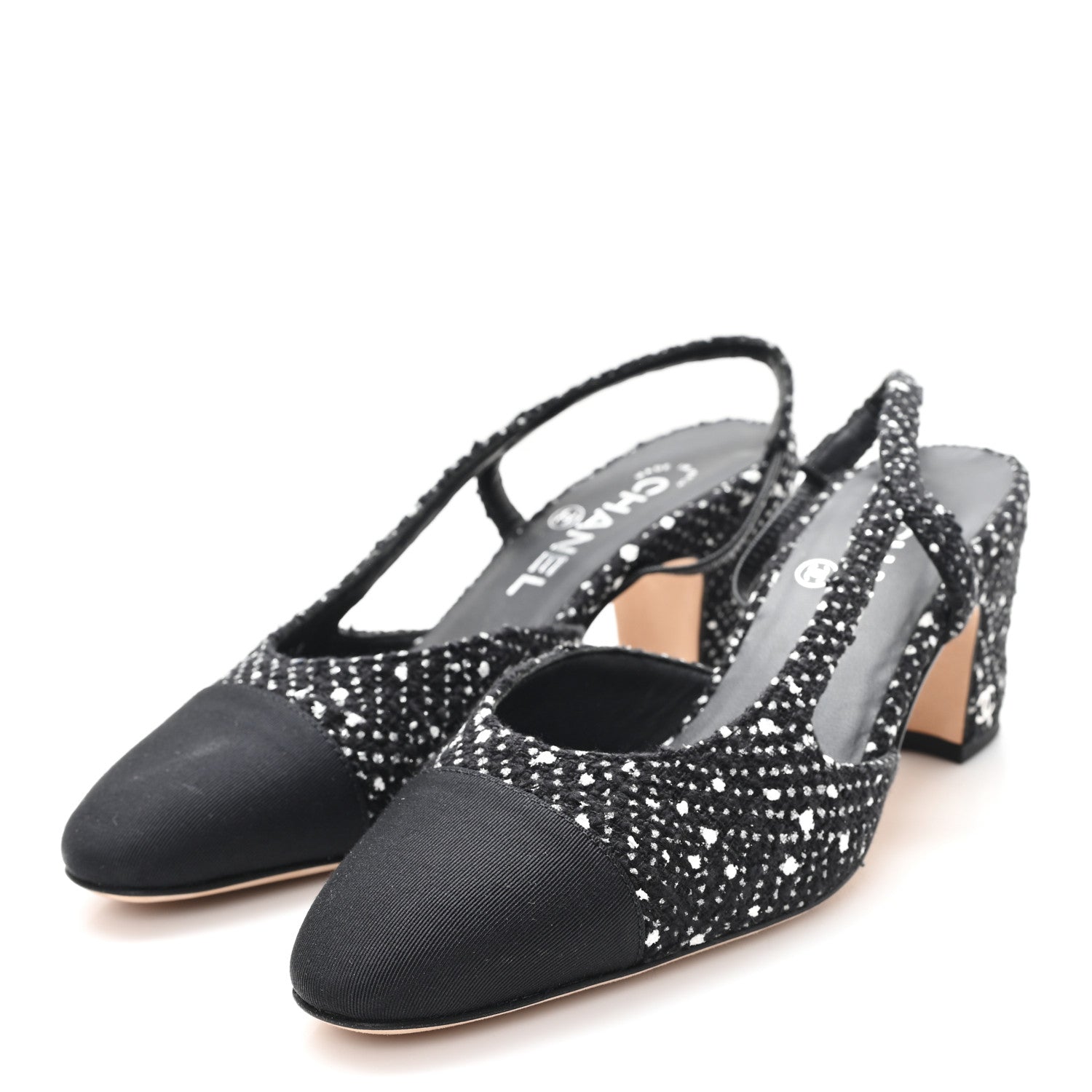 Chanel Tweed Polkadot Grosgrain Cap Toe CC Slingback Pumps 36 Black White Silver
