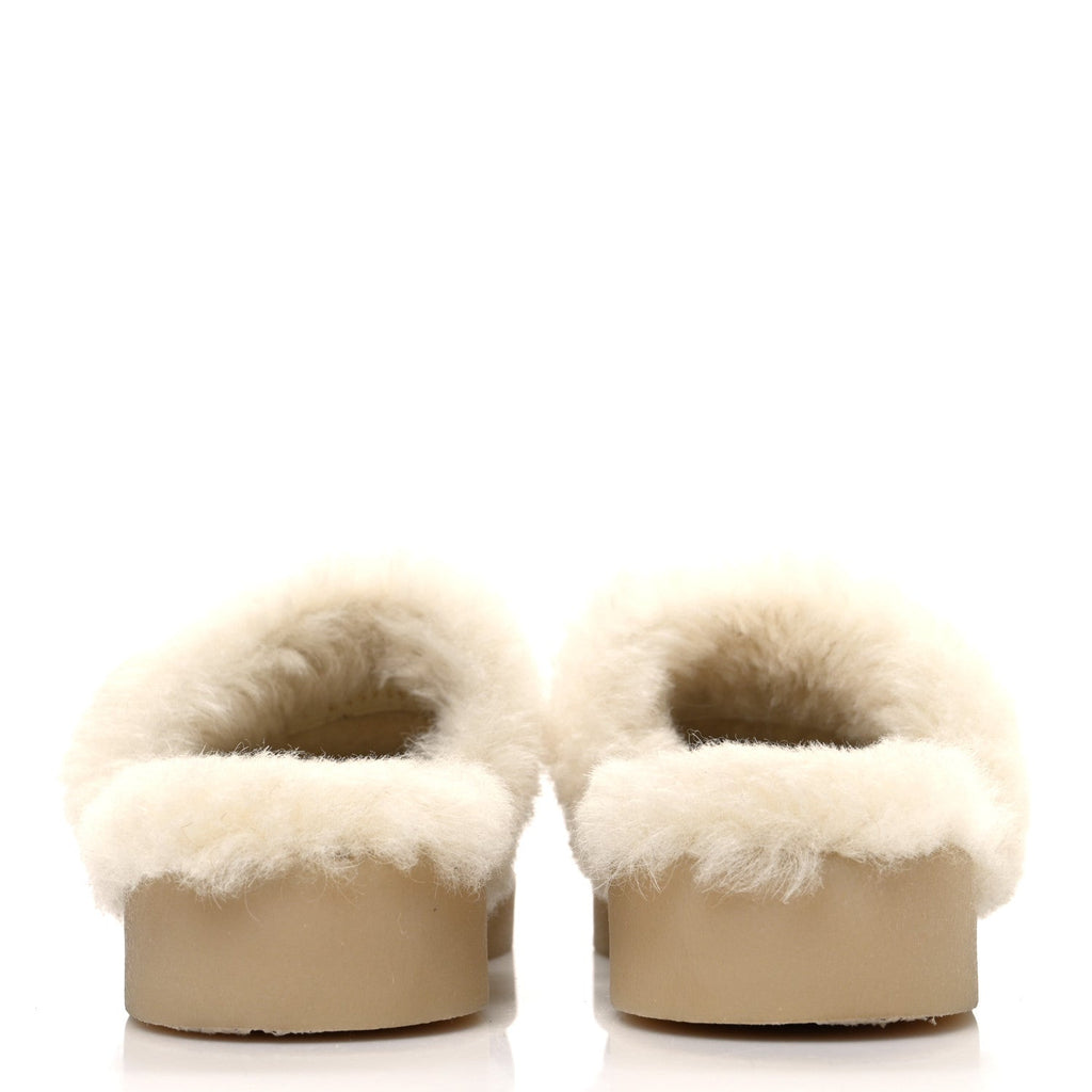 Chanel Suede Shearling CC Cap Toe Mules 41 Beige Black