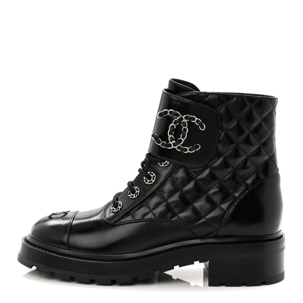 Chanel Shiny Calfskin Quilted Lace Up Combat Boots 39 Black