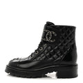 Chanel Shiny Calfskin Quilted Lace Up Combat Boots 39 Black