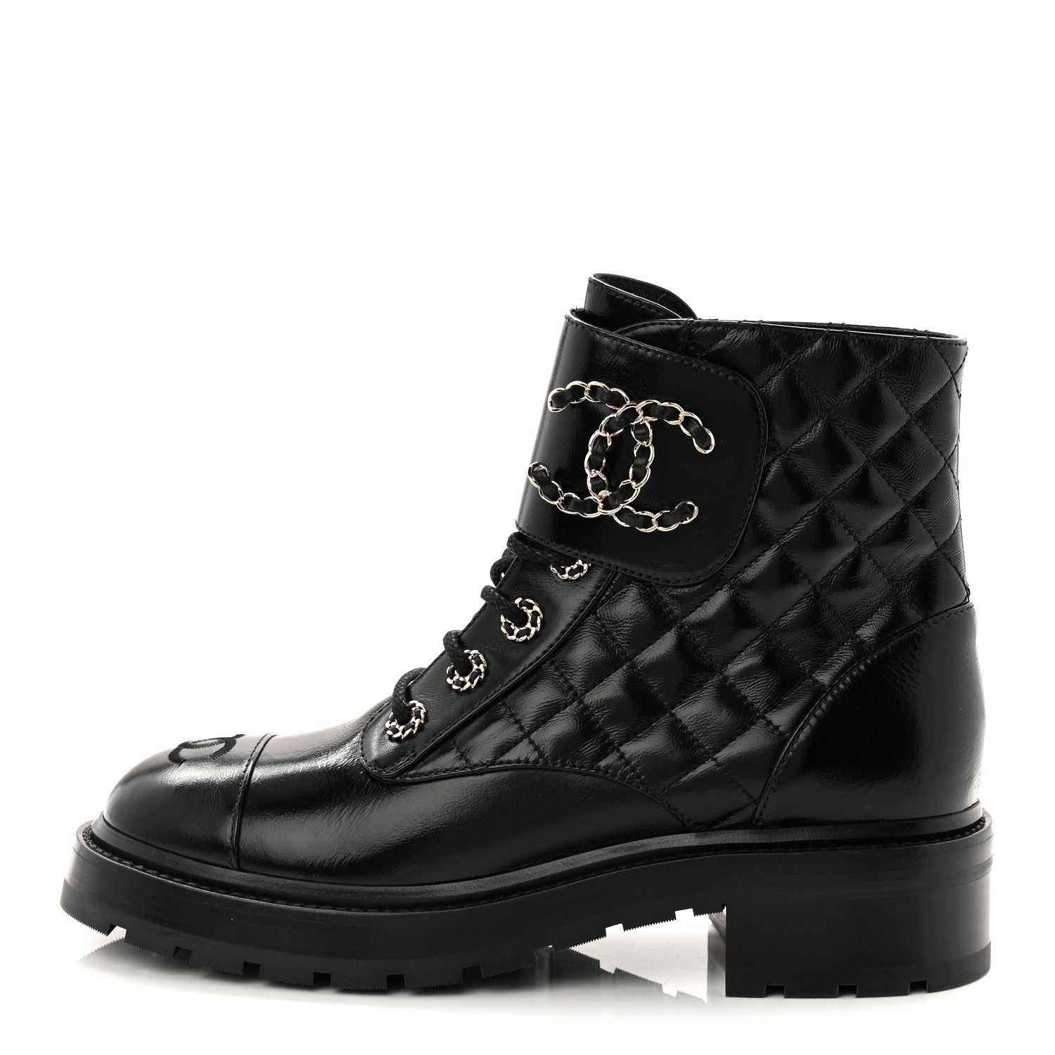 Chanel Shiny Calfskin Quilted Lace Up Combat Boots 39 Black