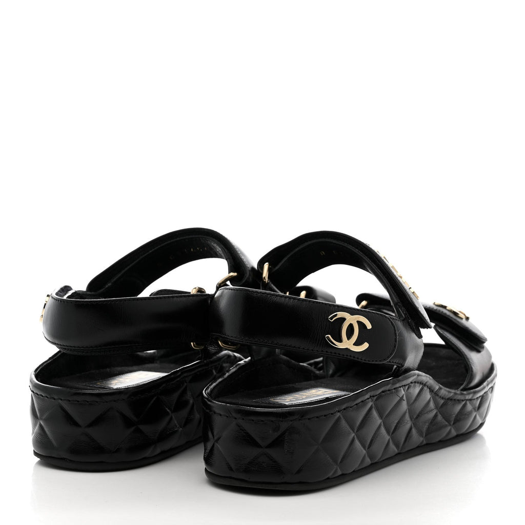 Chanel Shiny Calfskin Logo Platform Sandals 39 Black