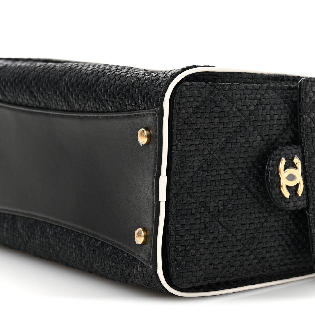 Chanel Braided Raffia Calfskin Small Chanel 25 Handbag Black White