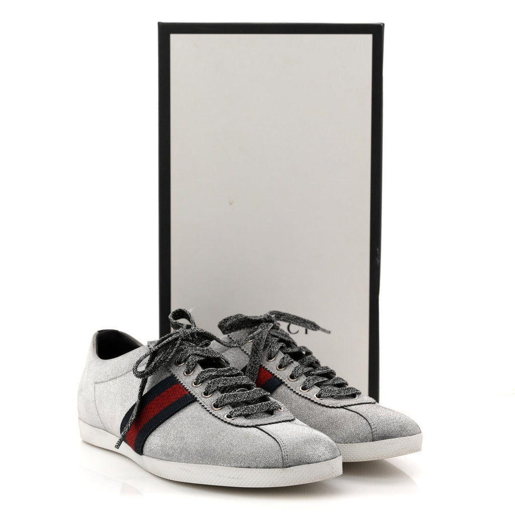 Gucci Glitter Fabric Studded Web Mens Sneakers 9 Silver