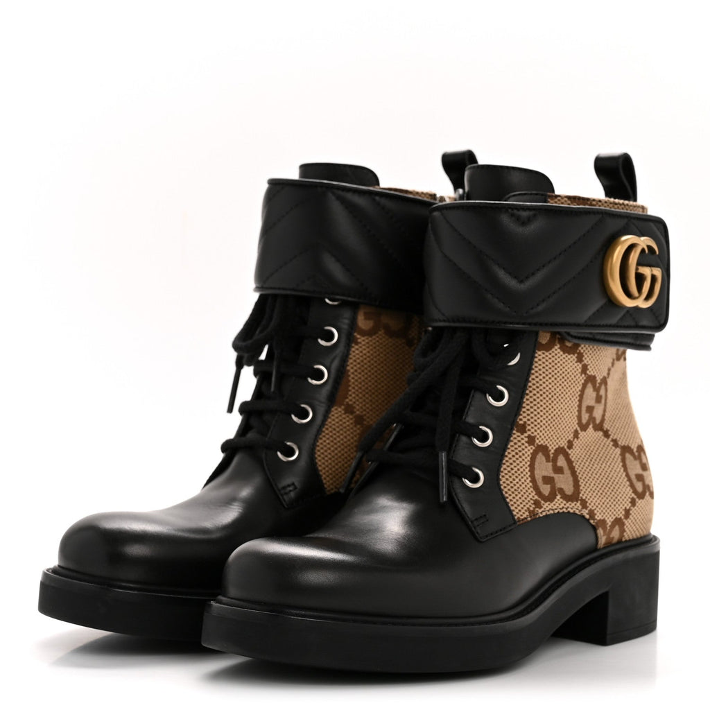 Gucci Flores Calfskin Monogram Maxi GG Nappa Matelasse Double G 40mm Ankle Boots 36.5 Black Camel Ebony