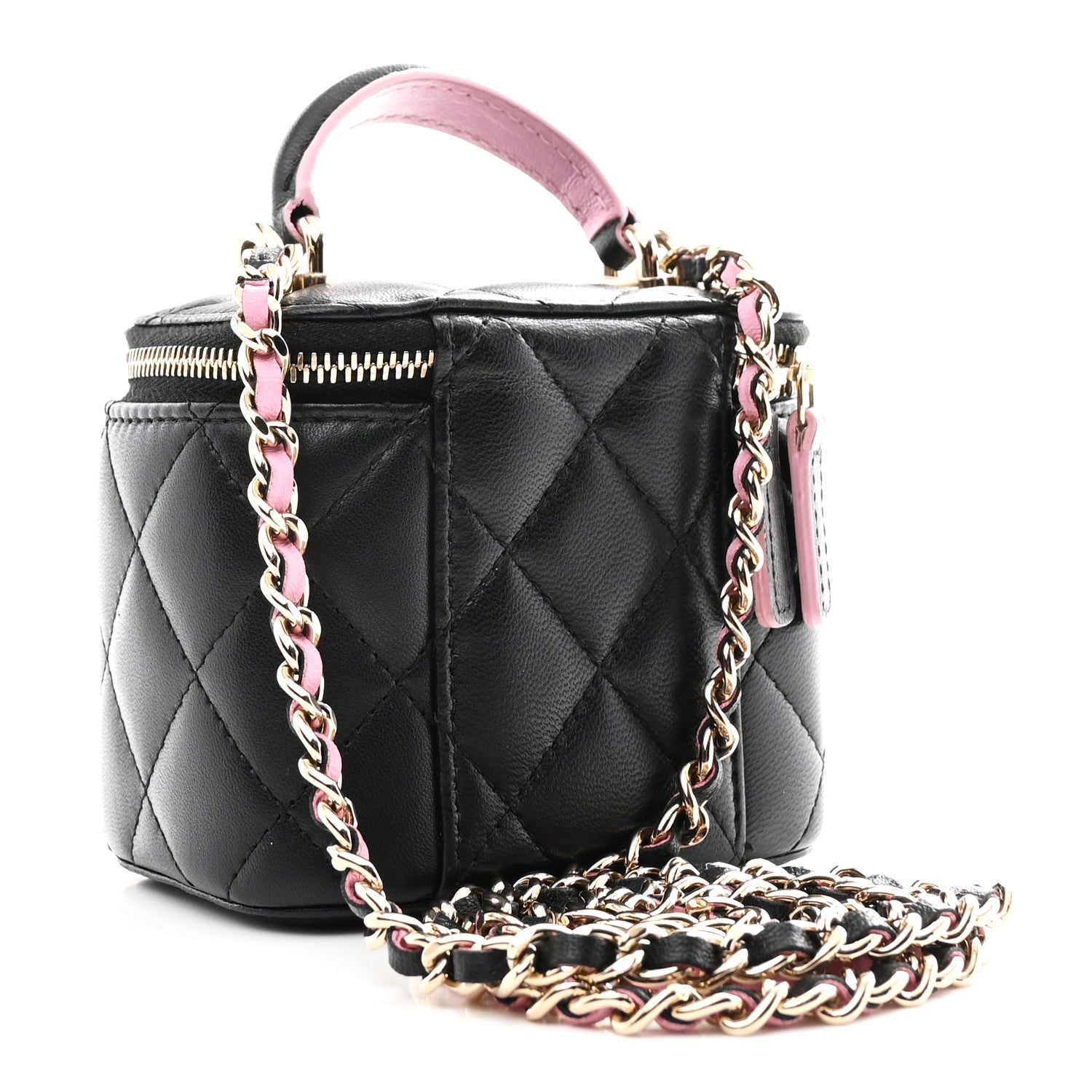 Chanel Lambskin Quilted Top Handle Mini Vanity Case With Chain Black Pink