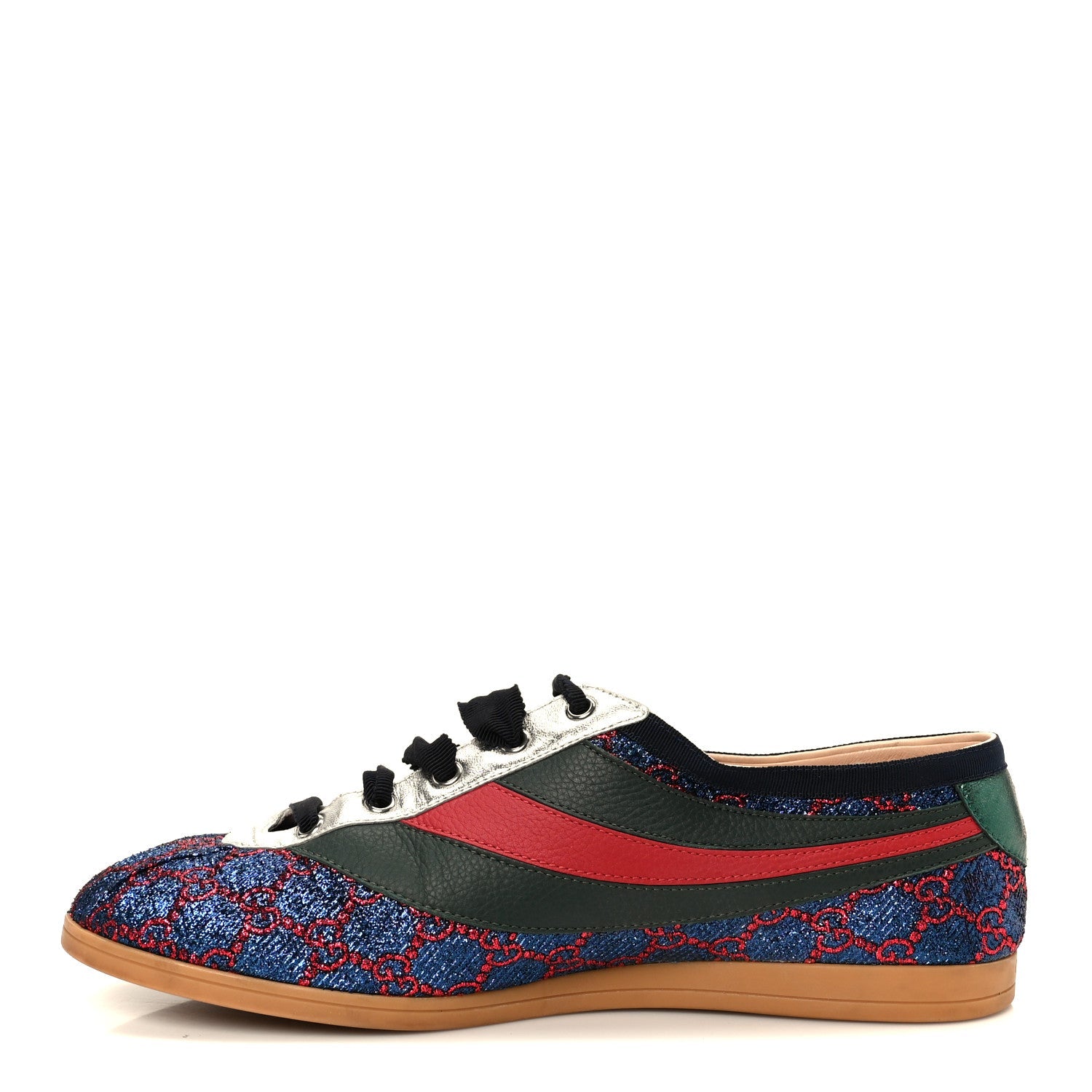 Gucci Lurex Calfskin Web GG Monogram Mens Falacer Sneakers 9 Iridescent Blue Iridescent Red Silver