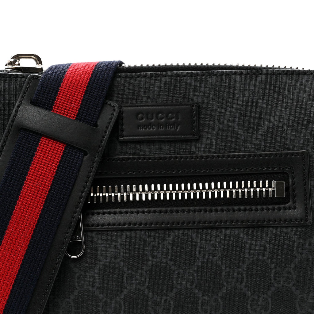 Gucci GG Supreme Monogram Web Small Flat Messenger Bag Black Grey