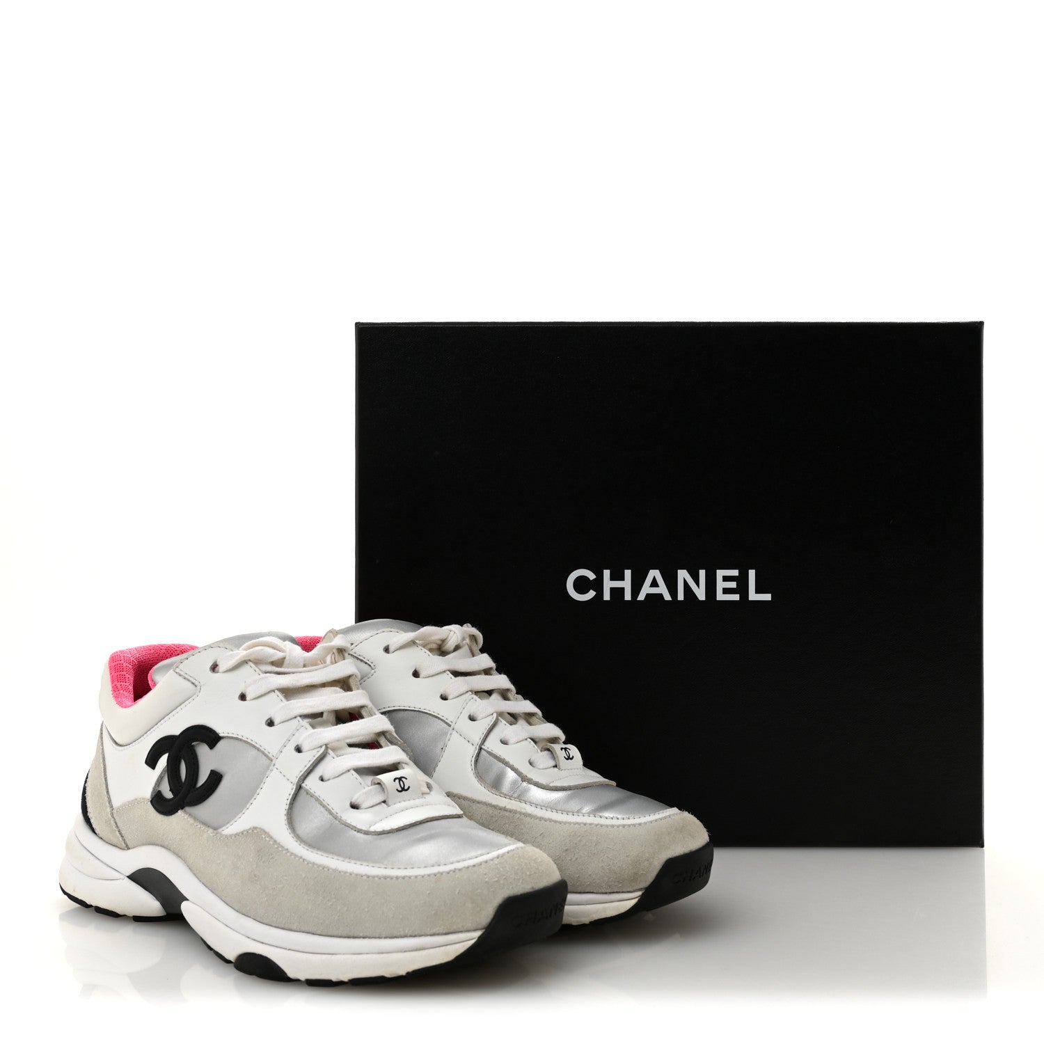 Calfskin Fabric Sneakers 36 White Silver Fluo Pink