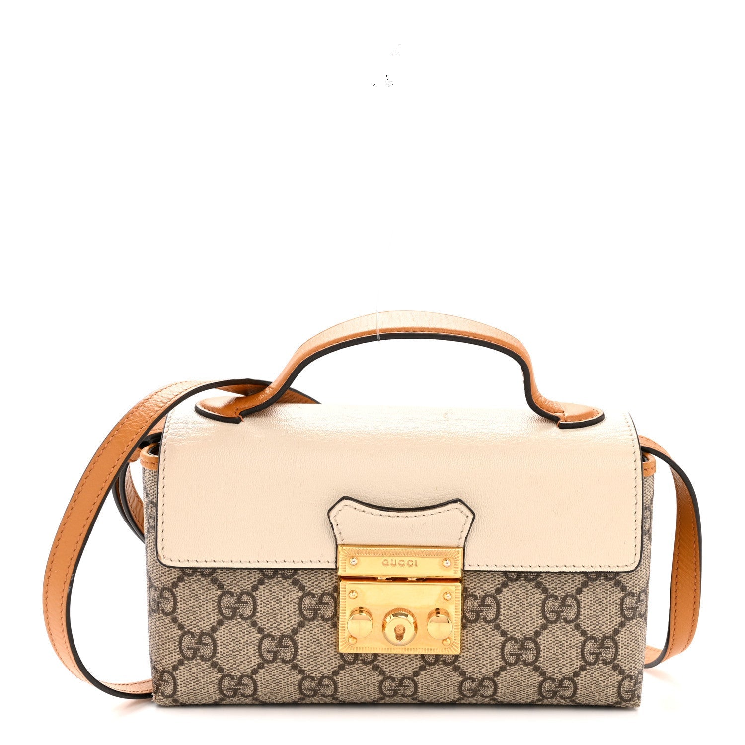 Gucci GG Supreme Monogram New Sakai Calfskin Mini Padlock Top Handle Shoulder Bag Beige Ebony Mystic White Sun Oil