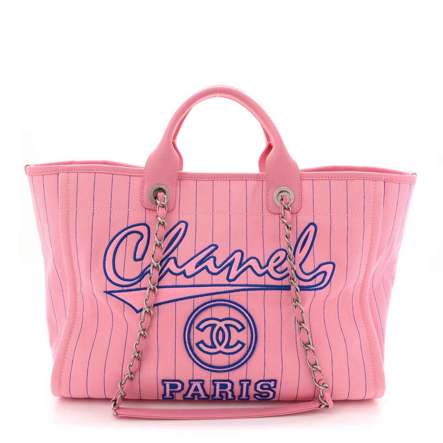 Chanel Canvas Calfskin Striped Large Deauville Tote Pink Blue