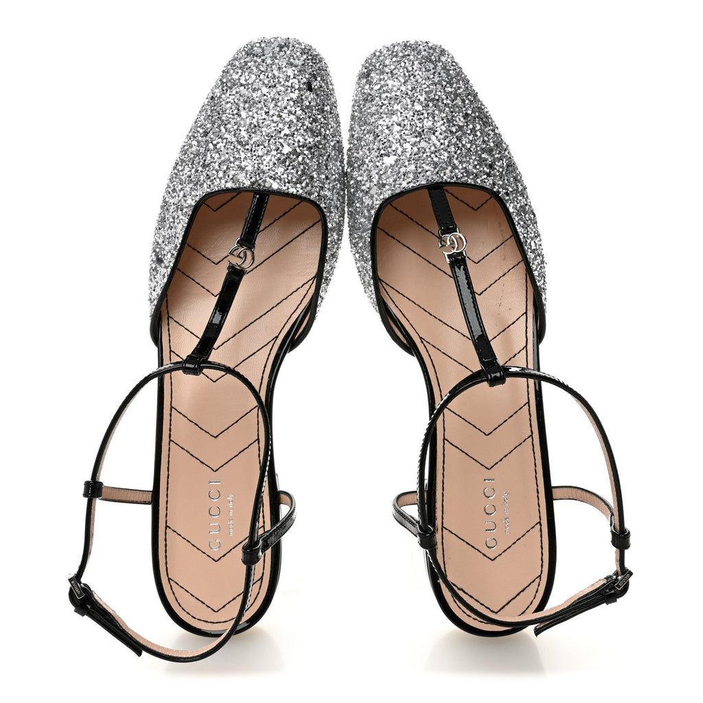 Gucci Calfskin Glitter Double G Slingback Flats 39 Silver Black