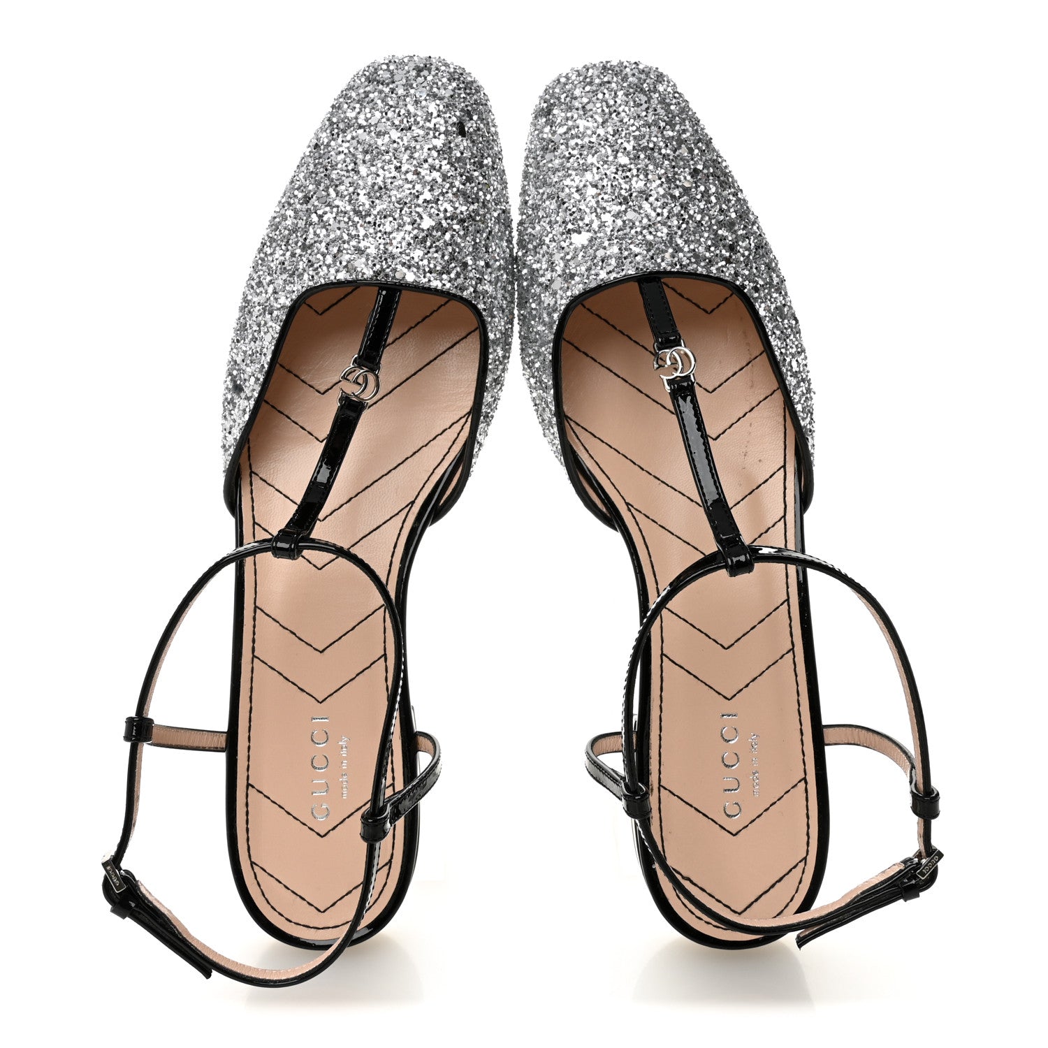 Gucci Calfskin Glitter Double G Slingback Flats 39 Silver Black