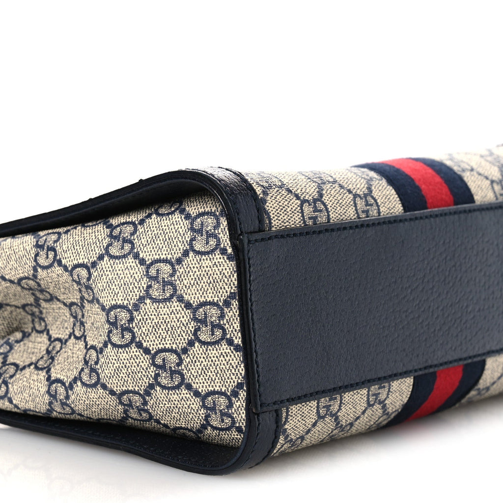 Gucci GG Supreme Monogram Textured Dollar Calfskin Web Small Ophidia Tote Bag Beige Blue