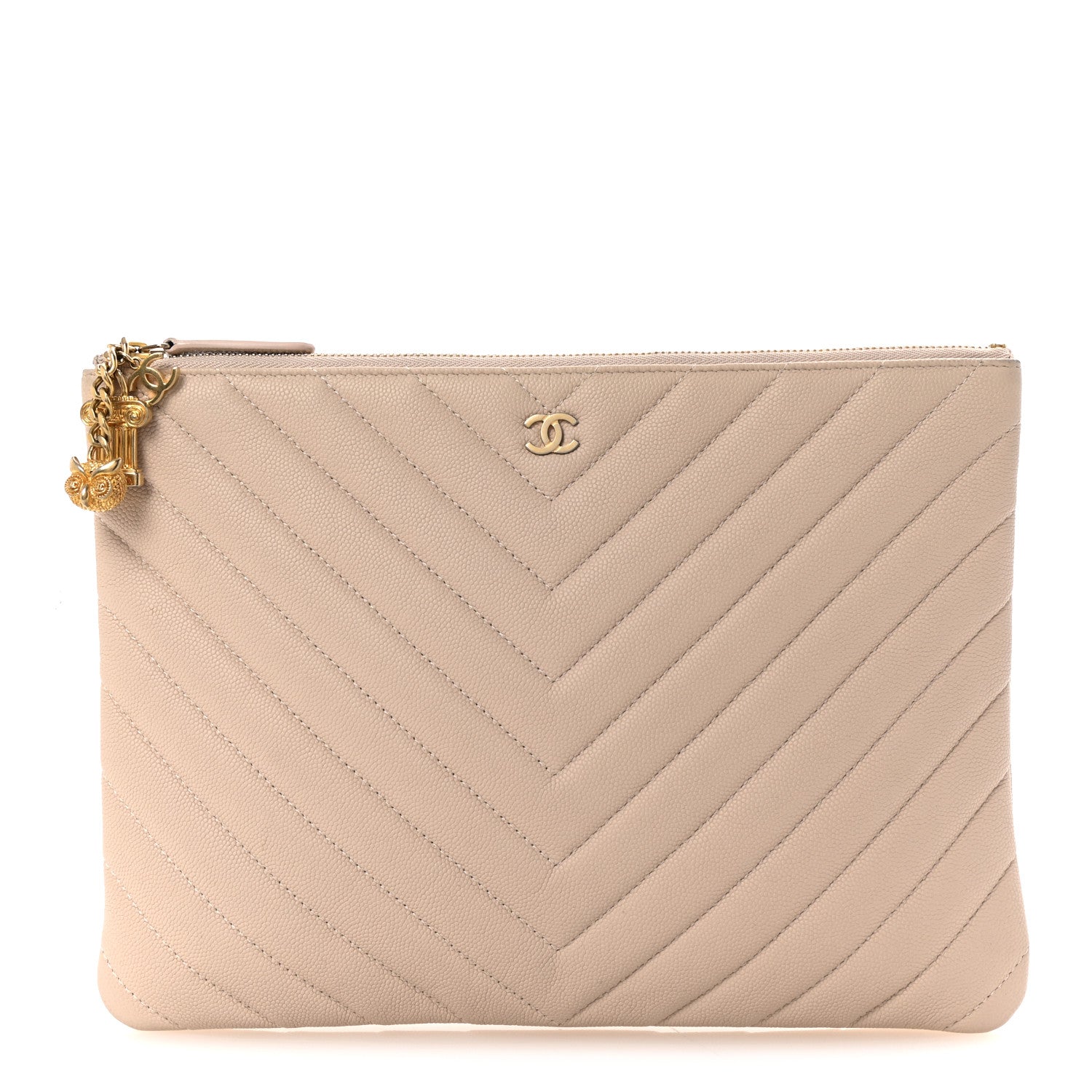 Caviar Chevron Quilted Medium Zip Pouch Light Beige
