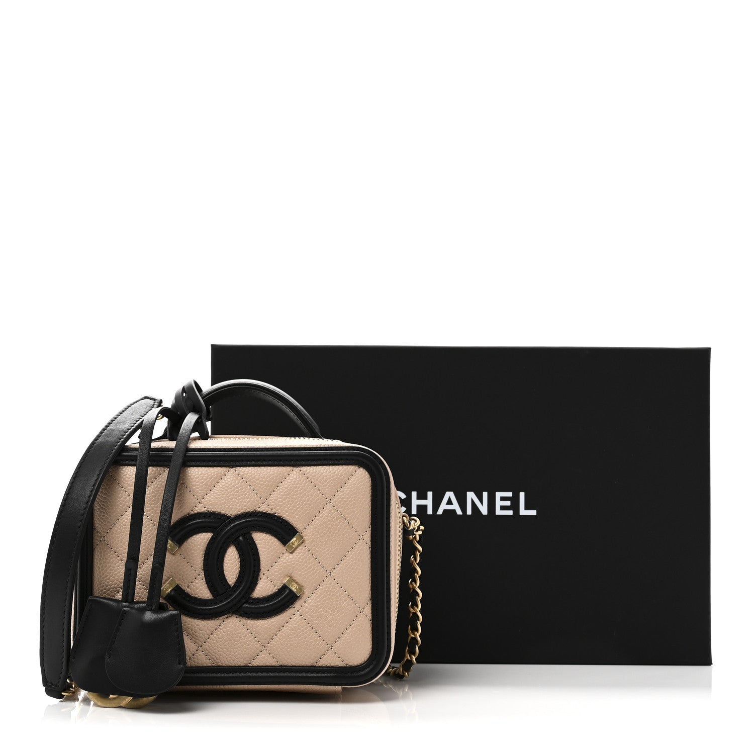 Chanel Caviar Quilted Small CC Filigree Vanity Case Beige Black