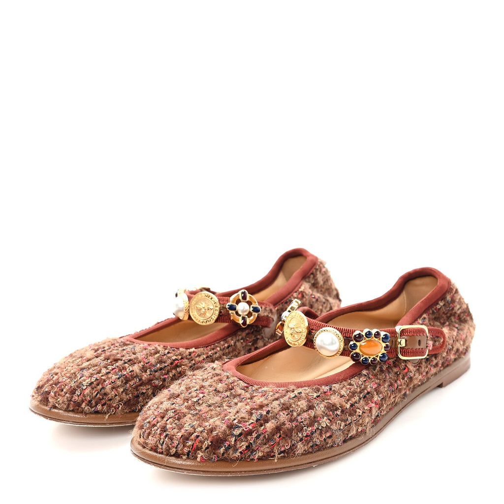 Chanel Wool Tweed Mary Jane Flats 37.5 Brown Red Dark Blue