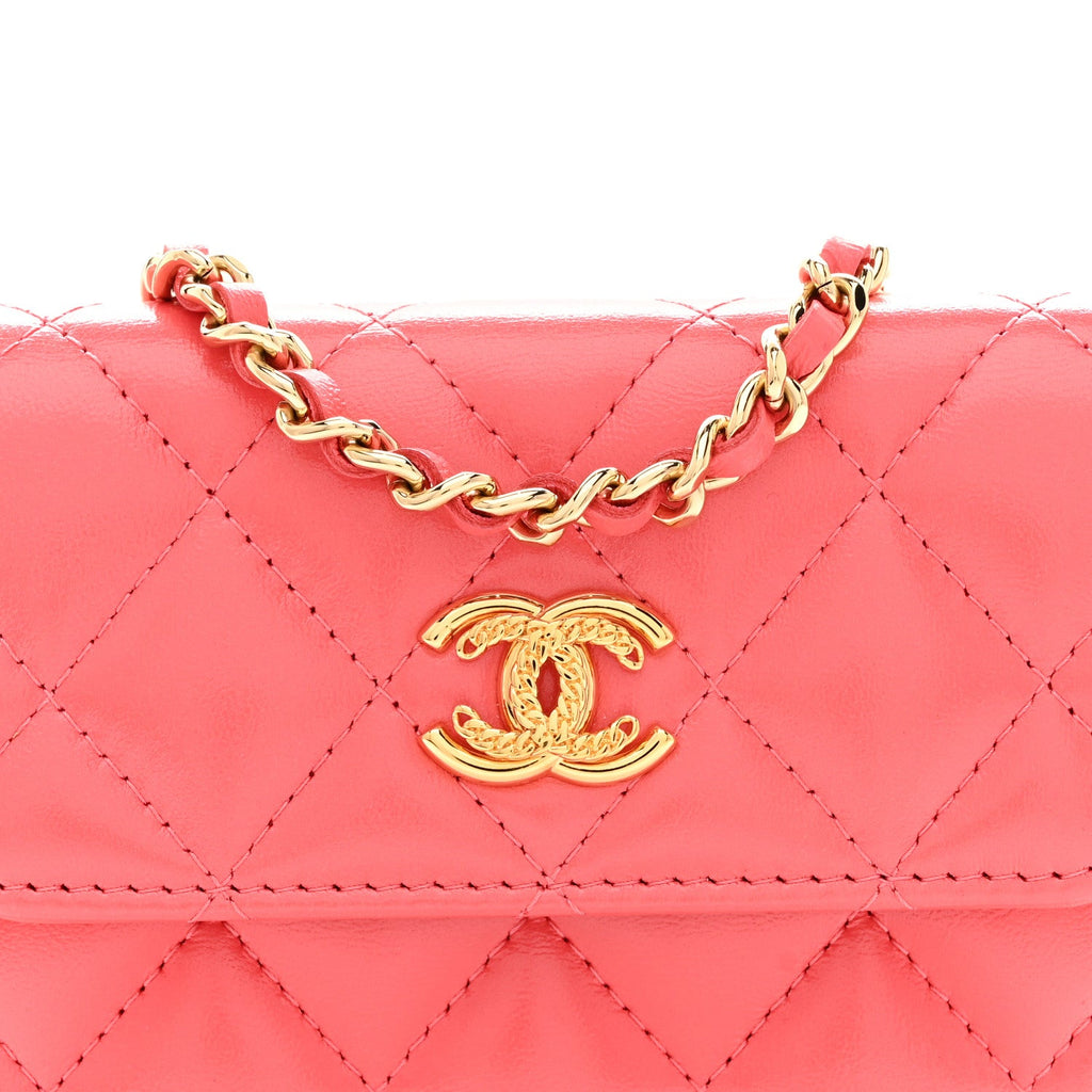 Chanel Shiny Lambskin Quilted Card Holder On Chain Pink
