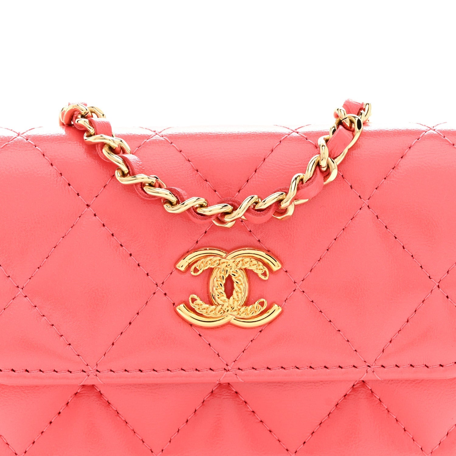 Chanel Shiny Lambskin Quilted Card Holder On Chain Pink