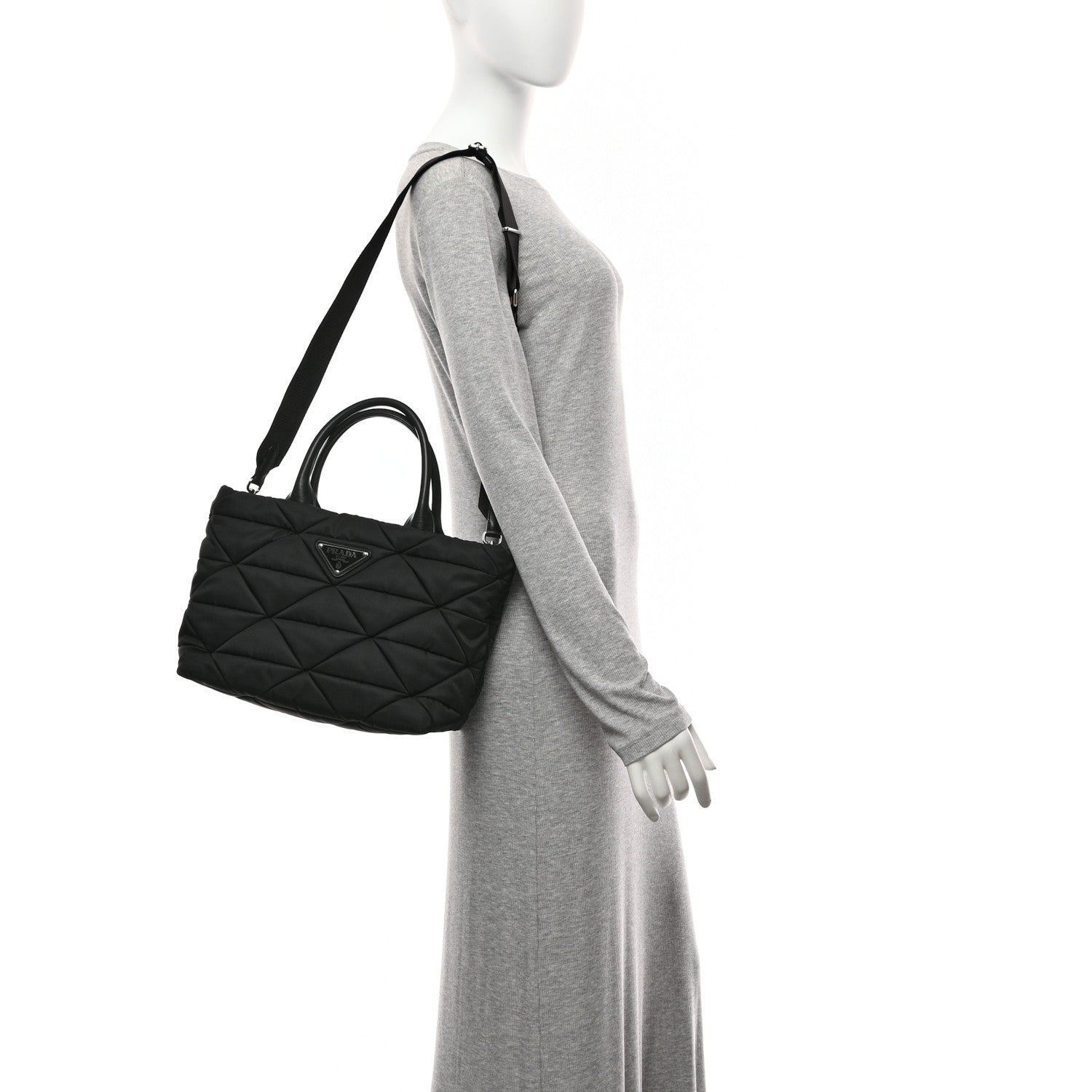 Prada Re-Nylon Nappa Triangle Quilted Padded Small Double Handled Zip Tote Black