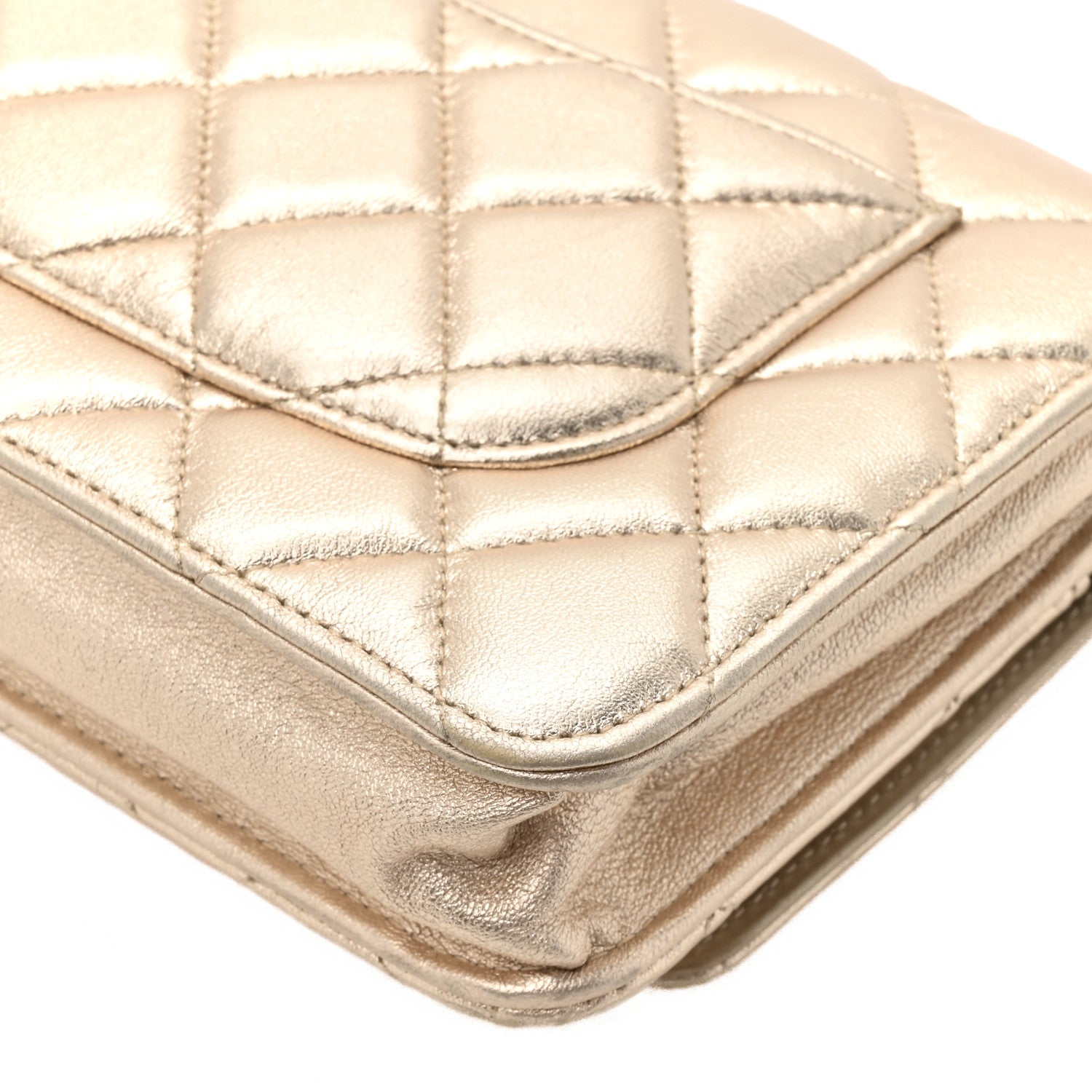 Chanel Metallic Lambskin Quilted Wallet On Chain WOC Gold Black