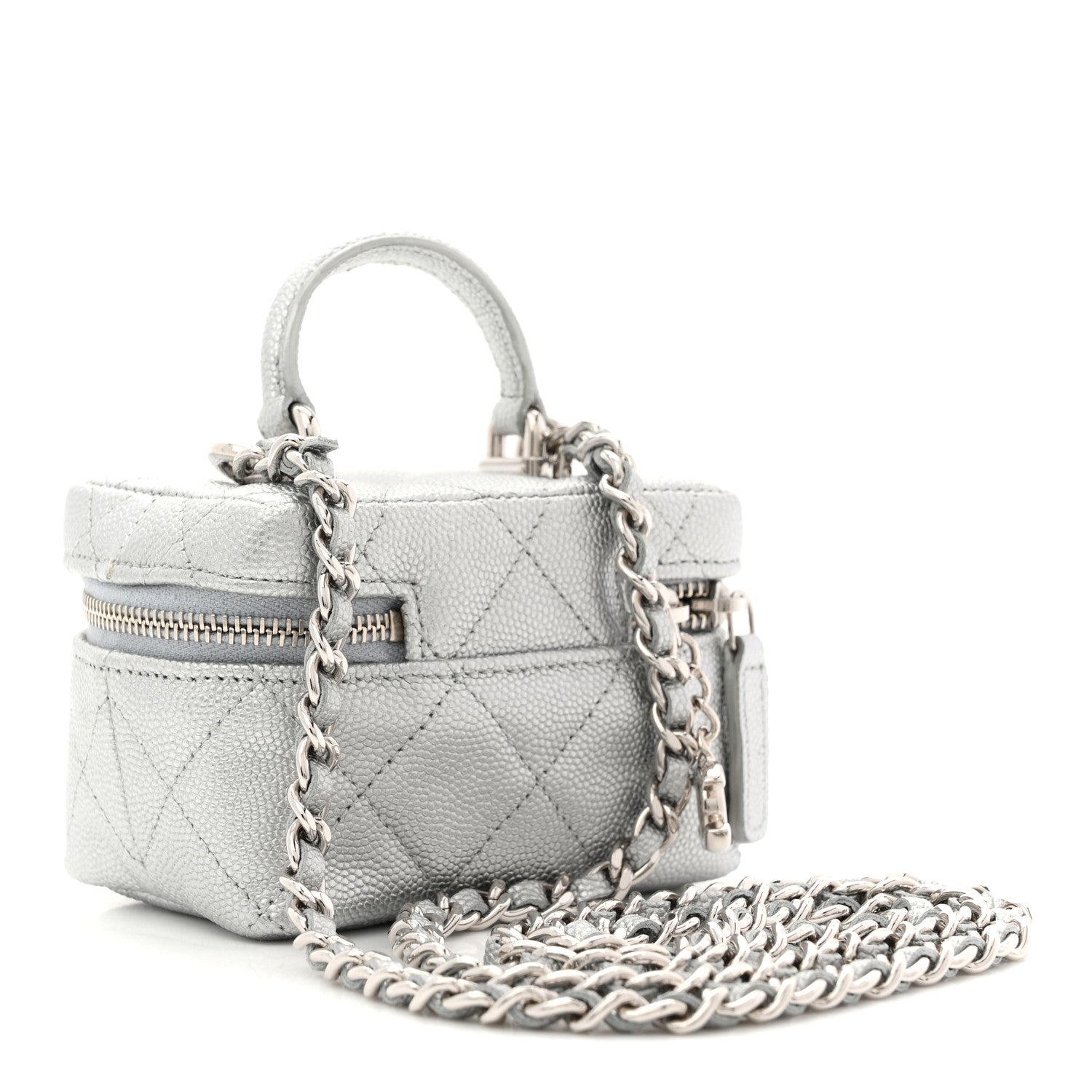 Chanel Metallic Caviar Quilted Mini Top Handle Vanity With Chain Silver