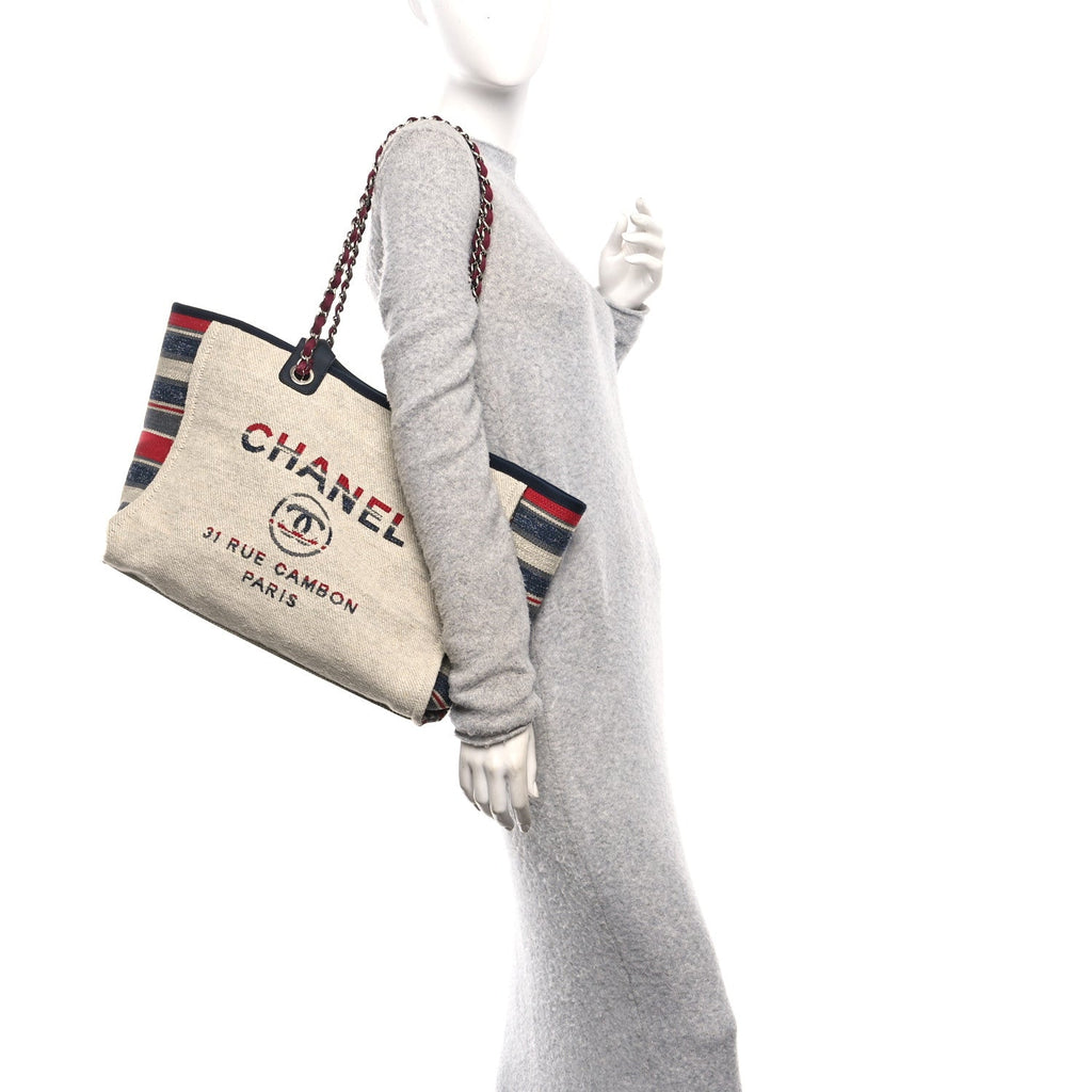 Chanel Striped Canvas Medium Deauville Tote Beige
