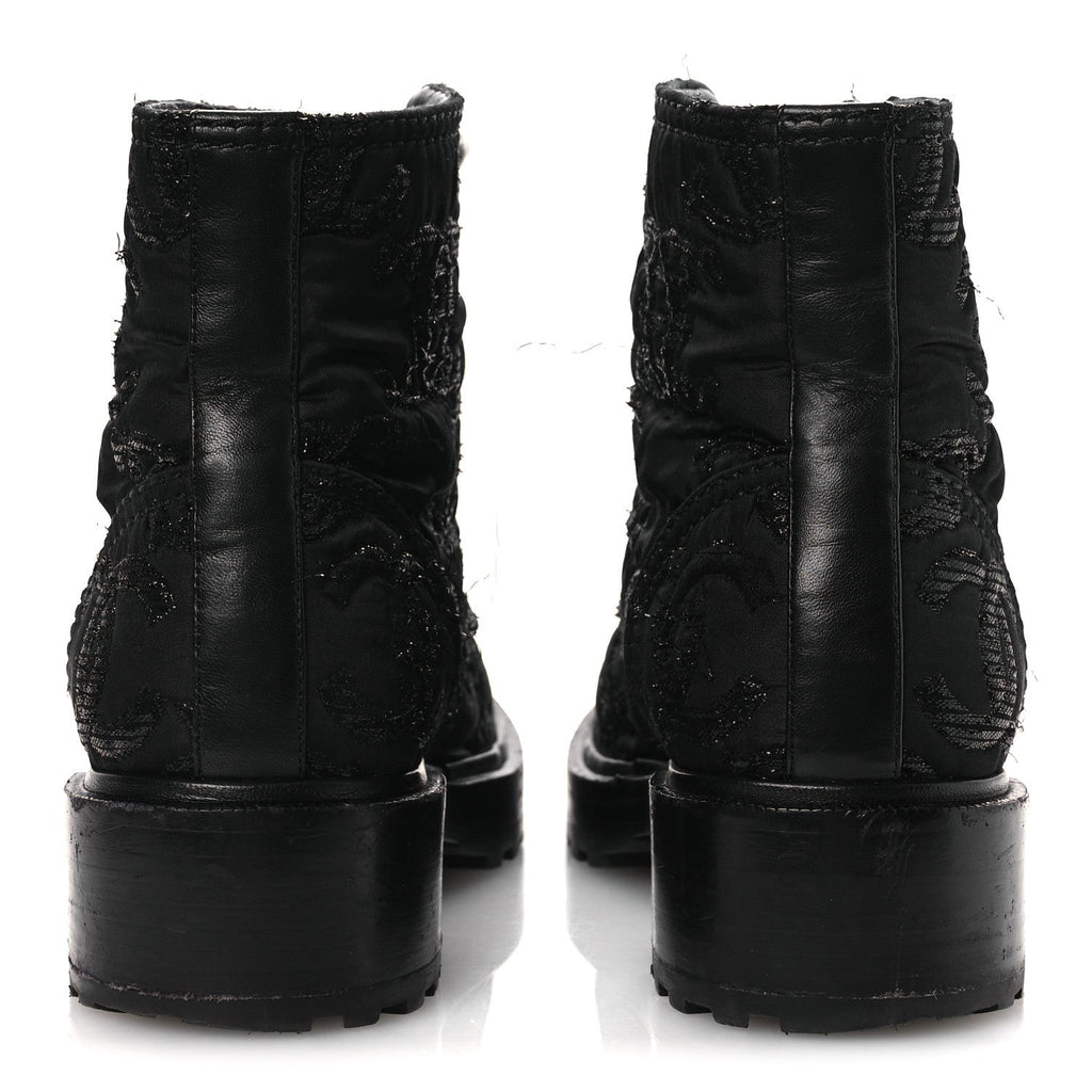 Grosgrain Tweed Pearl CC Combat Short Boots 39 Black