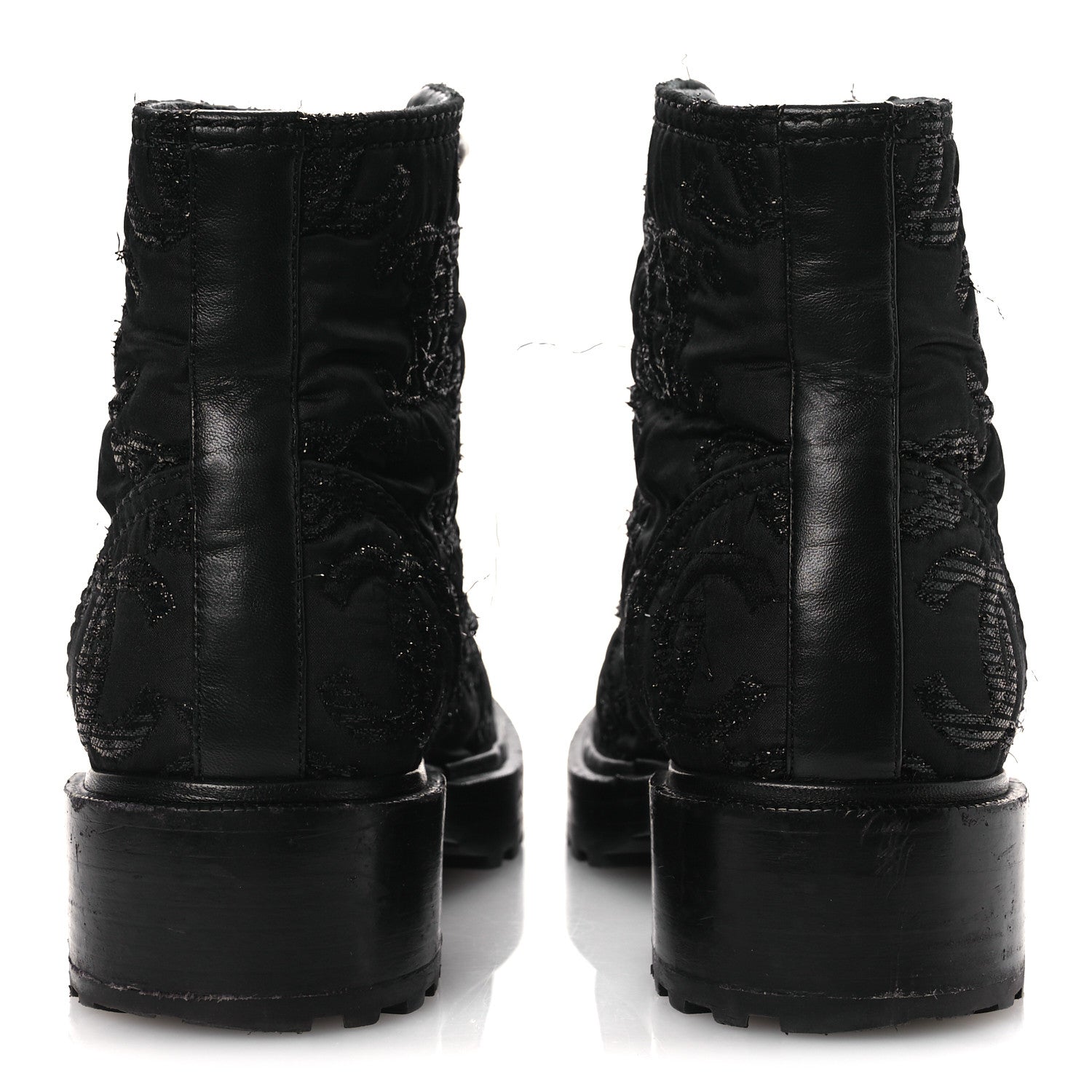 Grosgrain Tweed Pearl CC Combat Short Boots 39 Black