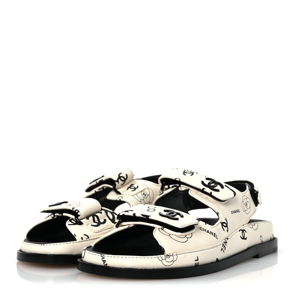 Lambskin Printed CC Velcro Dad Sandals 37.5 White Black