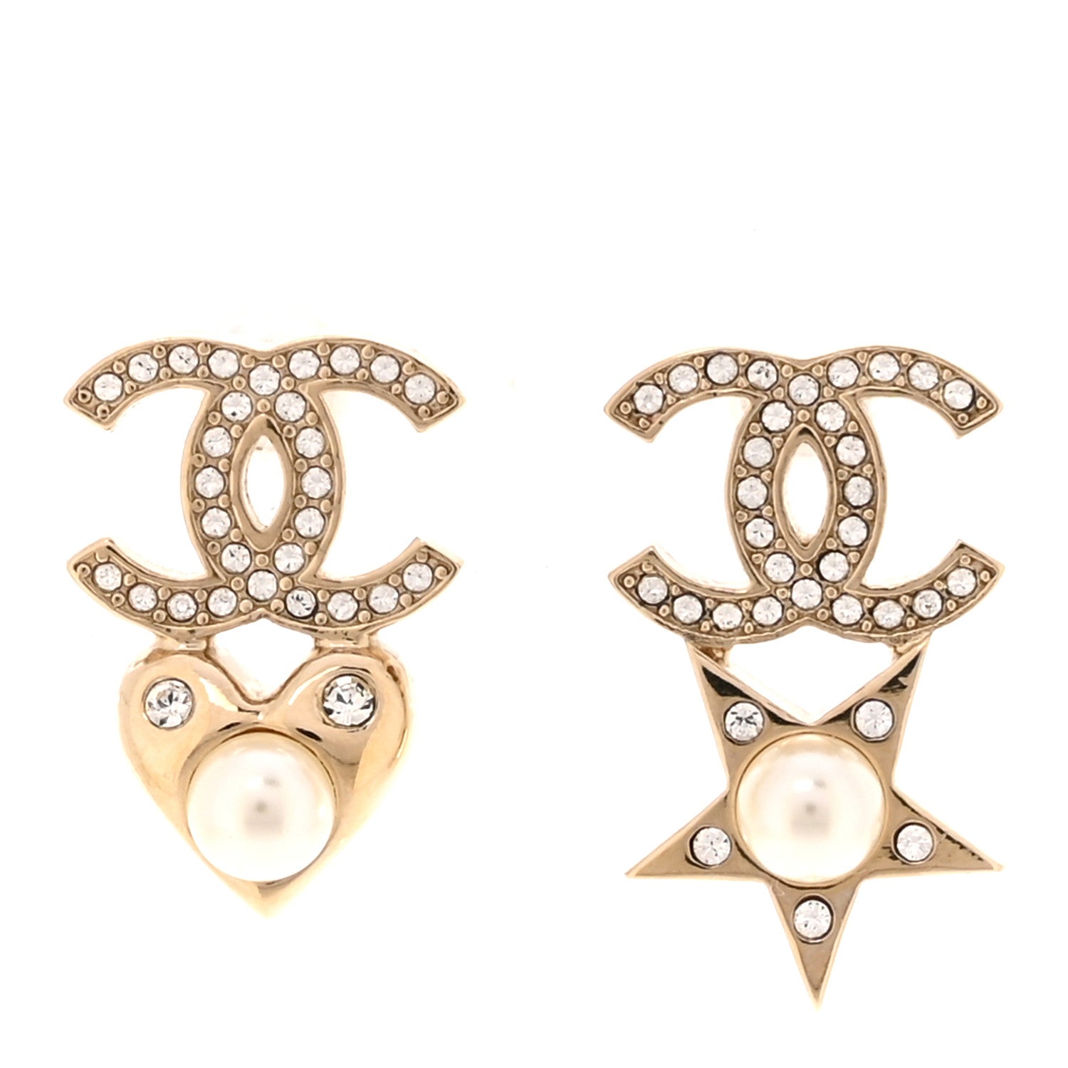 Crystal Pearl Charming Winter CC Star Heart Clip On Earrings Gold